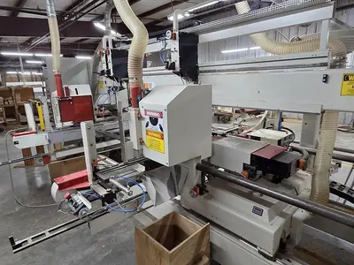 KOCH SBD-B DOUBLE-END FEED-THROUGH TRIM, BORE, GLUE, & DOWEL MACHINE