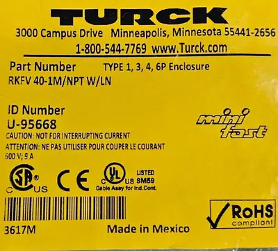 Turck RKFV 40-1M/NPT W/LN Fast Conector. Loc5E-19