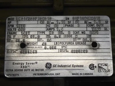 General Electic 1 HP Motor 143T Frame 460V 1725 RPM 5KS143SSP208D10 Used