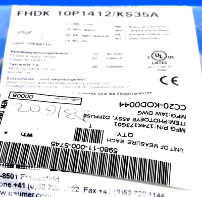 NEW BAUMER ELECTRIC FHDK 10P1412/KS35A SENSOR FHDK 10P1412KS35A