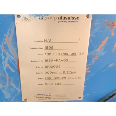 Used 25HP Alusuisse Alesa Pressure Blower Package 900 CFM @ 47" SP