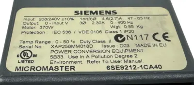 NEW SIEMENS 6SE9212-1CA40 MICROMASTER DRIVE 208/240V 47-63HZ