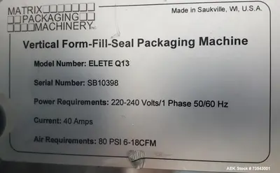 Used MATRIX PACKAGING ELETE QUAD Q13 Bagger Only Vertical Form & Fill Illinois US | Aaron Equipment #293837