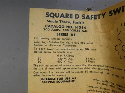 Square D H364 Single Throw Fusible Safety Switch 200 A 600VAC Ser. A1 50HP Used