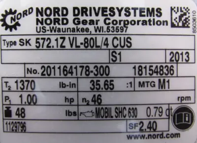 NEW NORD SK572.1ZVL-80L/4CUS GEARMOTOR 35.65:1 SK80L/4CUS 1-1/4" DIA. 1HP