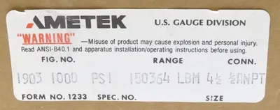 NEW AMETEK 150364 PROCESS GAUGE 1903 SIZE 4-1/2IN 1/2IN ANPT 1000PSI