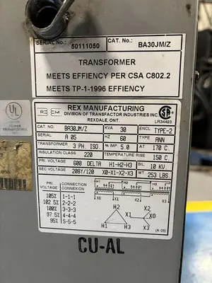 REX TRANSFORMER 30KVA (600V- 208/120V)