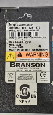 Branson 0.40DCXs40H0R / S40:0.40 Power Supply 200-240VAC 400W (BIN554)