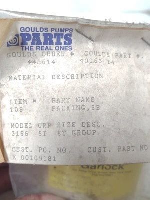 🔥 Goulds Pump Packing SB Seal #106 P/N 9016314 Garlock 3/8x2x5/16