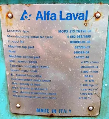 (2) Alfa-Laval MOPX 213 TGT-20-60 oil purifiers, 316SS.