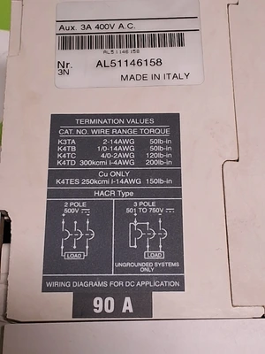 ABB SACE S3 S3H 90A 3-POLE CIRCUIT BREAKER 600VAC