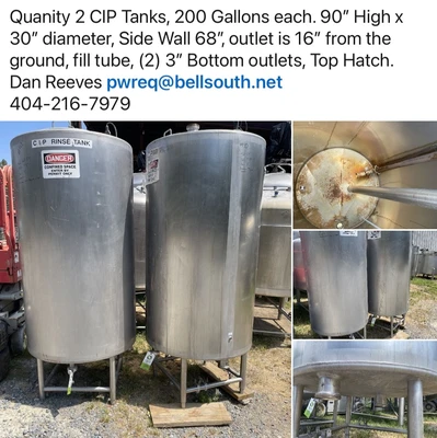 Quanity 2 Stainless Steel CIP Tanks, 200 Gallons each. 90” High x 30” diameter
