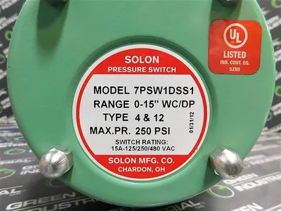 Solon 7PSW1DSS1 Pressure Switch 0-15" WC/DP 250 max. PSI Type 4 & 12 Used