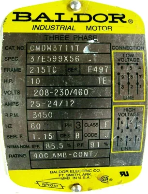 USED BALDOR CWDM3711T MOTOR 10HP 208-230/460V 3450 RPM 37E599X56 1-3/8" x 3-1/2"