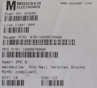 NEW LOT OF 10EA WEIDMULLER 1608670000 TERMINAL BLOCKS ZPE 6