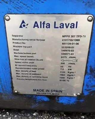 (3) Alfa-Laval MFPX 307 TFD-21 oil purifiers, 316SS.