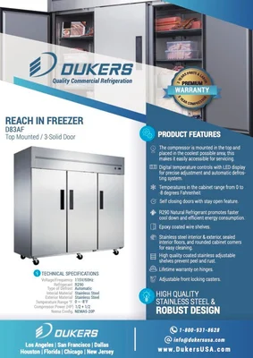 New | in-Stock Dukers New Dukers D83AF Stainless Steel Commercial Solid 3-Door Top Mount Reach-in Freezer Freezers Illinois US | Falcon Restaurant Supply #1376287