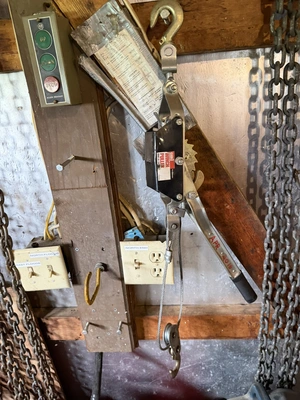 Lot of assorted chains with hook ends, and (1) cable winch puller, 4000 lb. capacity.