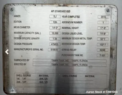 Used Tampa Tank Inc. 16,696 Gallon Stainless Steel API 650 Tank – Model T-501
