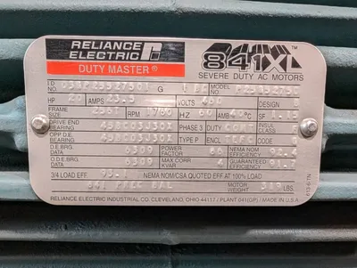20 HP Reliance Electric 841XL Severe Duty AC Motor 1760 RPM 460V 405T Frame Used