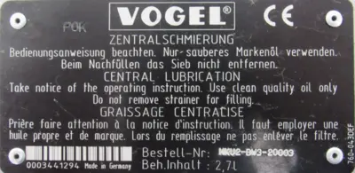 USED VOGEL MKU2-BW3-20003 LUBRICATOR MKU2BW320003