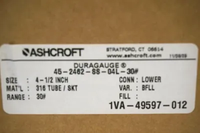 NEW ASHCROFT 45-2462-SS-04L-30 DURAGAUGE 452462SS04L30