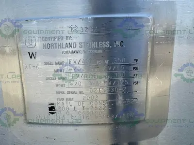 USED NORTHLAND 200 LITER STAINLESS STEEL JACKETED REACTOR FV/ 45 PSI W/ 0.40 HP MIXER