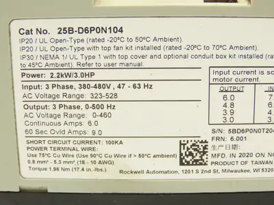 Allen Bradley 25B-D6P0N104 Powerflex 525 3Hp VFD AC Drive 480V 50/60Hz FRN 6.001