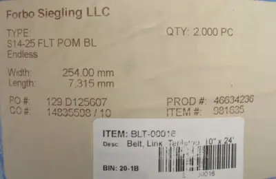 NEW FORBO SIEGLING S14-25 CONVEYOR BELT 10"x24FT S1425 981635 46634236