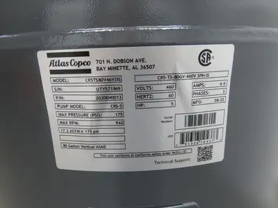 Atlas Copco CR5 Reciprocating Air Compressor 17CFM 5HP 460V 3Ph 80 Gal