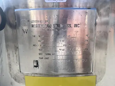 Tank, 65 Gallon (250 Liters), Stainless Steel, Jacketed, 45 PSI Internal, Lightnin Agitated #5991204