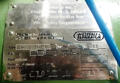Westfalia CSA 8-06-476 biotech clarifier, 316SS.