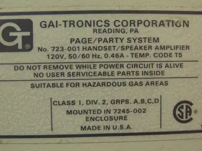 GAI-TRONICS 723-001 PA Intercom Handset/Speaker Amplifier 120V