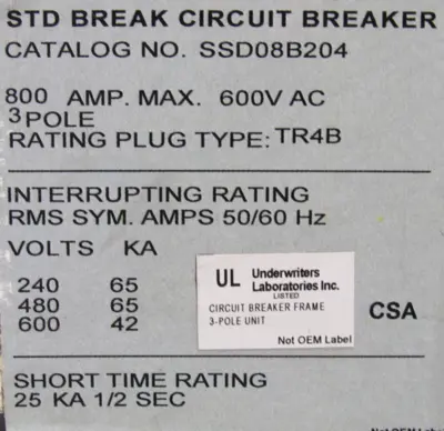 USED GENERAL ELECTRIC SSD08B204 POWER BREAK II BREAKER 800A