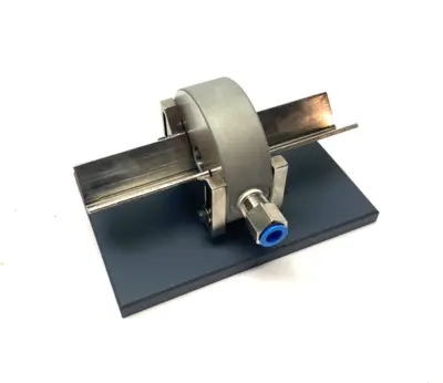 USED MAHR DIMENSIONAIR 2-JET AIR RING GAUGE W/ GUIDE CHUTES & BASE PLATE