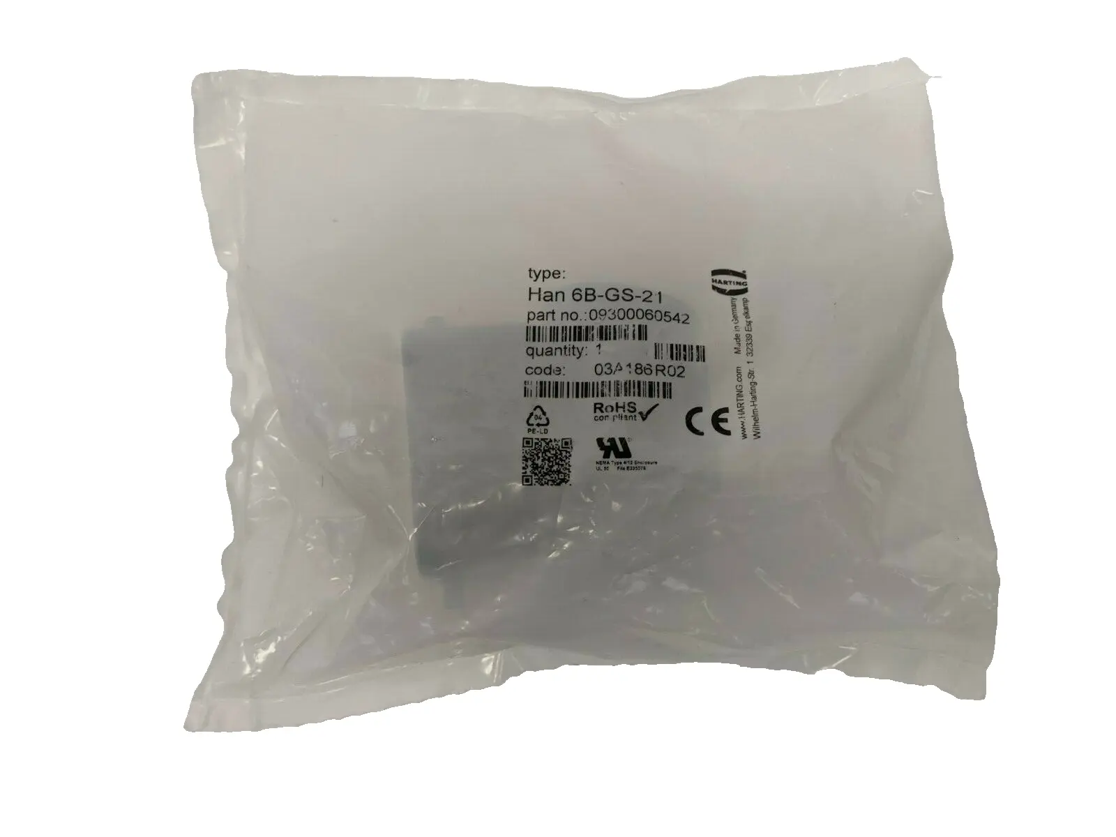 09300060542,09 30 006 0542 | Harting 09 30 006 0542 Han B Hood Side Entry HC 2 Pegs 6B-GS-21 - New