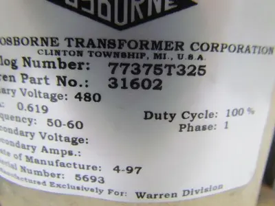 Warren Emhart 31602 .619KVA Transformer 480 Volt 50/60Hz
