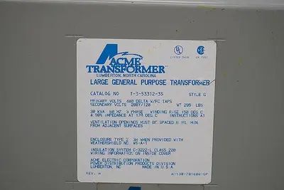 ACME 30 KVA 3-PHASE (480 TO 208 VOLT) TRANSFORMER