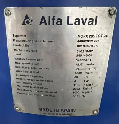 (3) Alfa-Laval MOPX 205 TGT-24 oil purifiers, SS bowl.