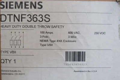 NEW SIEMENS DTNF363S SAFETY SWITCH DOUBLE THROW 100A