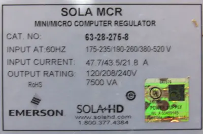 NEW SOLA 63-28-275-8 TRANSFORMER 7500VA 63282758