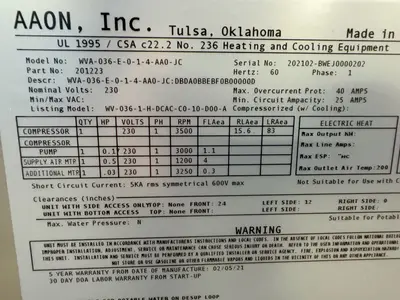USED AAON DANDELION WVA036E014AA0JC