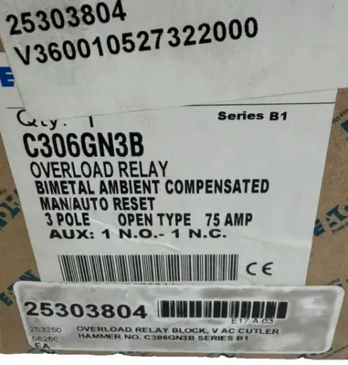 NEW EATON CUTLER-HAMMER C306GN3B OVERLOAD RELAY SERIES B1 75 AMP 3 POLE