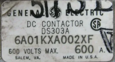 USED GENERAL ELECTRIC DS303A-6A01KXA002XF DC CONTACTOR 600V 600A COIL 230/250VDC