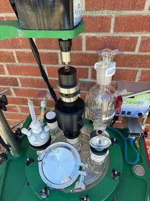 USED CHEMGLASS 100 LITER JACKETED GLASS REACTOR W/ CHEMGLASS DIGITAL OVERHEAD STIRRER