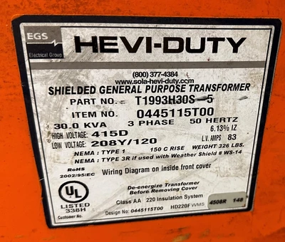 HEVI DUTY 30KVA TRANSFORMER HV:415D LV:208Y/1