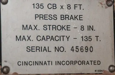 135 Ton x 10 Ft Cincinnati Hydraulic Press Brake Model 135CB8