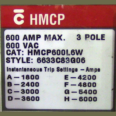 Cutler Hammer 3 Pole 600 Amp HMCP Breaker