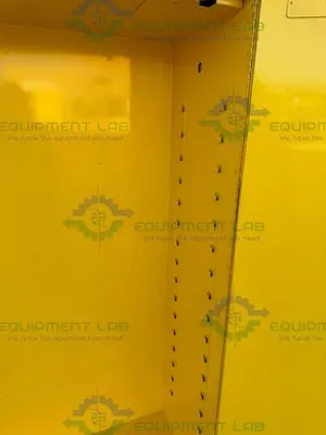 USED JUSTRITE 45 GALLON FLAMMABLE LIQUID STORAGE CABINET W/ SOFT CLOSE DOORS, KEY