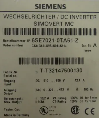 REFURBISHED SIEMENS 6SE7021-0TA51-Z AC DRIVE 6SE70210TA51Z